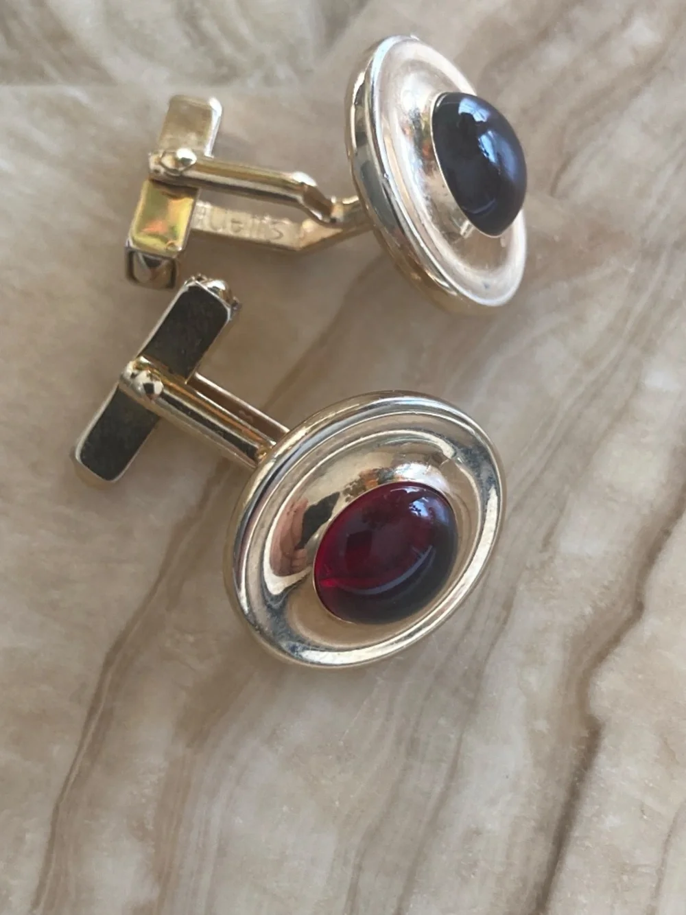 Vintage Swank Modernist Burgundy Cabochon Silver-Tone Cufflinks 1960s
